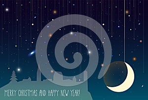 Merry Christmas and Happy New Year. Greeting card with moon, dark sky, stars, galaxy, old town. Christmas night. Good