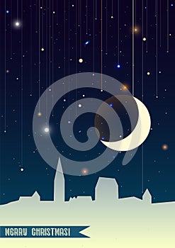 Merry Christmas and Happy New Year. Greeting card with moon, dark sky, stars, galaxy, old town. Christmas night. Good