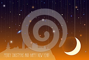 Merry Christmas and Happy New Year. Greeting card with moon, dark sky, stars, galaxy, old town. Christmas night. Good