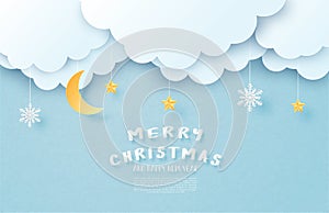 Merry Christmas and Happy new year greeting card in paper cut style. Vector illustration Christmas celebration background with