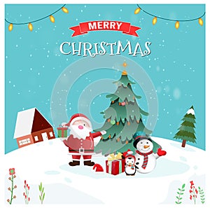 Merry Christmas and Happy New Year greeting card with participation of Santa Claus, snowman and christmas tree