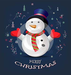 Merry Christmas and Happy New Year greeting card with the participation of snowman, leaf, and seasonal elements