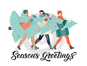 Merry Christmas and Happy New Year greeting card. People group carrying big xmas pine tree together for holiday season