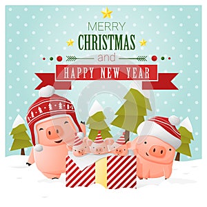 Merry Christmas and Happy New Year greeting card with pig family