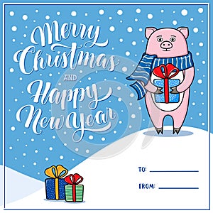 Merry Christmas and Happy New Year greeting card with pig