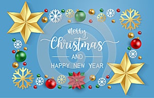 Merry christmas and happy new year greeting card, postcard with balls, red poinsettia flowers, gold star and snowflake on blue