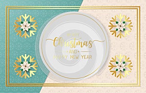 Merry christmas and happy new year greeting card, postcard with balls, white poinsettia flowers and snowflake on light yellow and