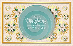 Merry christmas and happy new year greeting card, postcard, poster with balls, white poinsettia flowers and snowflake on light