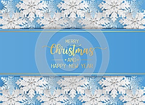 Merry christmas and happy new year greeting card, postcard with snowflake on blue background