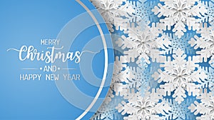 Merry christmas and happy new year greeting card with snowflake on blue background. Paper art style