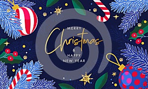 Merry Christmas and Happy New Year greeting card, poster, holiday cover. Modern Xmas design