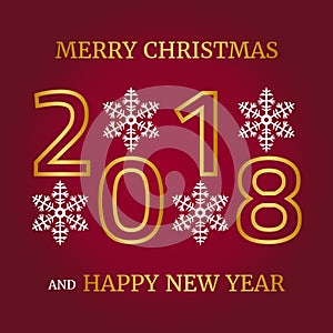 Merry Christmas, Happy New Year greeting card on red background.