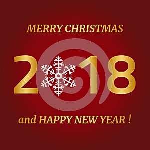 Merry Christmas, Happy New Year greeting card on red background.