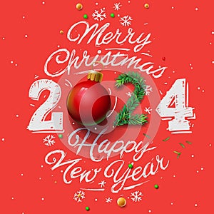Merry Christmas and Happy New Year 2024 greeting card, red background, hand written photo