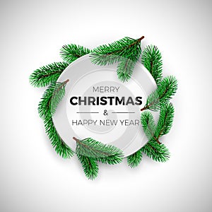 Merry Christmas and happy New Year greeting card. Round white label with fir branches. Holiday decoration element. Vector