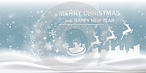 Merry Christmas and Happy New year. Greeting card with santa claus, christmas tree and deer. Text in white color. Vector