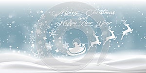 Merry Christmas and Happy New year. Greeting card with santa claus, christmas tree and deer. Text in white color. Vector