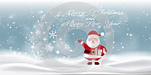 Merry Christmas and Happy New year. Greeting card with santa claus and christmas tree. Text in white color. Vector illustration.