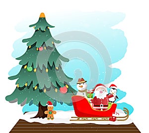 Merry Christmas and Happy New Year greeting card with santa claus, cute penguin, snowman and seasonal elements. .