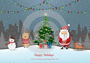 Merry Christmas and Happy new year greeting card,Santa Claus and friends celebrate party on winter night landscape background