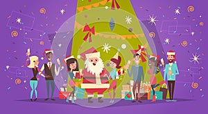 Merry Christmas And Happy New Year Greeting Card With Santa Claus And Group Of People Over Holiday Pine Tree