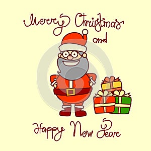 Merry Christmas And Happy New Year Greeting Card With Santa Claus Hand Drawn Lettering Background