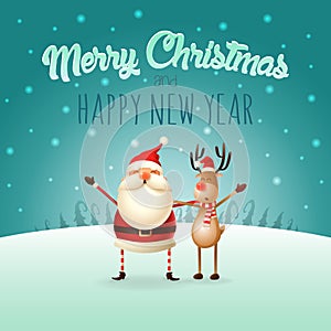 Merry Christmas and happy New Year greeting card - Santa Claus and Reindeer celebrate Christmas - winter landscape