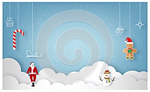 Merry Christmas and Happy New Year greeting card with santa claus, snowman and seasonal elements