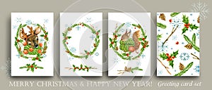 Merry Christmas Happy New Year greeting card set of festive xmas decoration. holiday invitation collection. Carto