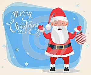 Merry Christmas and a Happy New Year greeting card with smiling Santa holding Christmas tree decoration.
