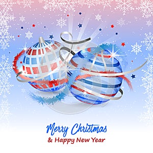 Merry Christmas and Happy New Year greeting card with snowflakes, stars, ribbons, baubles and confetti. Vector design.