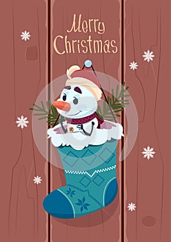 Merry Christmas And Happy New Year Greeting Card With Snowman Hanging In Present Sock Winter Holidays Banner Concept