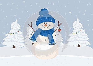 Merry christmas and happy new year greeting card. Snowman standing in winter christmas landscape.