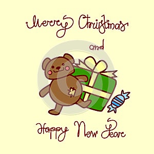 Merry Christmas And Happy New Year Greeting Card With Teddy Bear And Present Box Hand Drawn Lettering Background