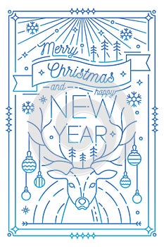 Merry Christmas and Happy New Year greeting card template with holiday attributes drawn in line art style - deer antlers