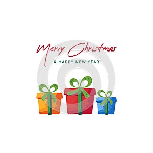 Merry Christmas and Happy New Year greeting card with three gifts. Christmas banner or poster for promotion