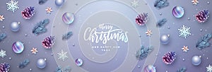 Merry Christmas and Happy New Year greeting card. Top view Christmas holiday background with fir tree, snowflakes, glass balls,
