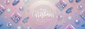 Merry Christmas and Happy New Year greeting card. Top view Christmas holiday background with fir tree, snowflakes, glass balls,