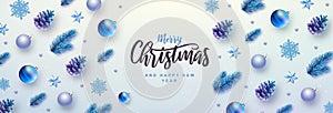 Merry Christmas and Happy New Year greeting card. Top view Christmas holiday background with fir tree, snowflakes, glass balls,