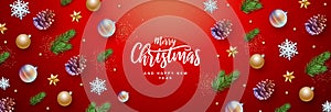 Merry Christmas and Happy New Year greeting card. Top view Christmas holiday background with fir tree, snowflakes, glass balls,