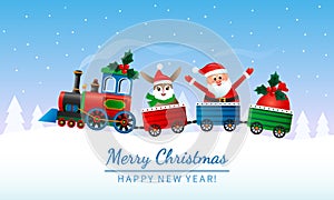 Merry Christmas and Happy New Year greeting card. the toy steam locomotive carries Santa Claus and a hare symbol of 2023. concept