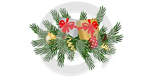 Merry Christmas and Happy New Year. Greeting card with tree branches, christmas toys and pine cones on white background. Vector