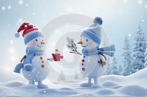 Two cheerful snowm happy on winter christmas landscape