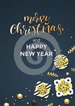 Merry Christmas and Happy New Year greeting card vector background template of golden calligraphy text. Vector Christmas gifts, go