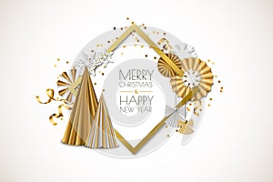 Merry Christmas, Happy New Year greeting card. Vector frame with golden paper stars, christmas tree, angels, snowflakes