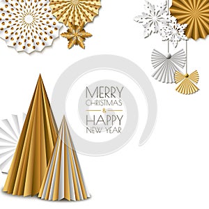 Merry Christmas, Happy New Year greeting card. Vector golden paper decoration snowflakes, christmas tree, angel.