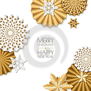 Merry Christmas, Happy New Year greeting card. Vector golden paper stars and snowflakes. Abstract white background.