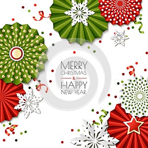 Christmas, New Year greeting card. Vector paper stars and snowflakes in green, red colors. Design for banner, poster.