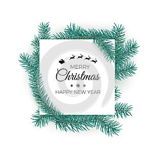 Merry Christmas and happy New Year greeting card. White label with text decorate by fir branches. Vector illustration
