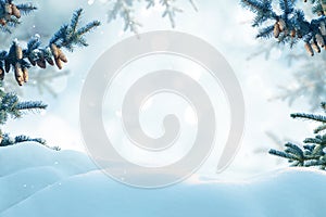 Merry Christmas and happy new year greeting card. Winter landscape with snow . Christmas background with fir tree branch and con